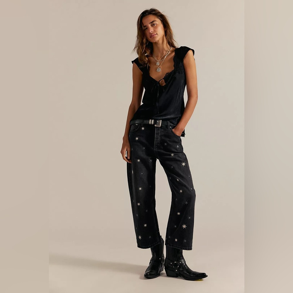 NWT FREE PEOPLE WE THE FREE Deep Trance Shine Embroidered Dropped Boyfriend Jean - Picture 7 of 14